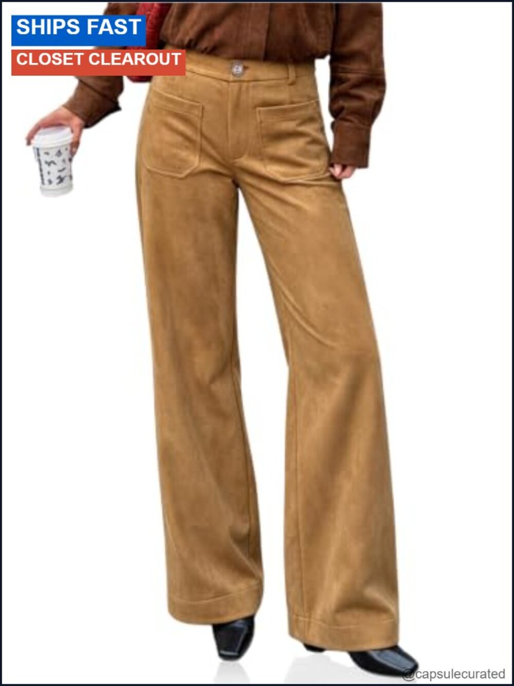 Suede Straight Leg High Waisted Trousers Casual Fall Pants - Picture 1 of 6